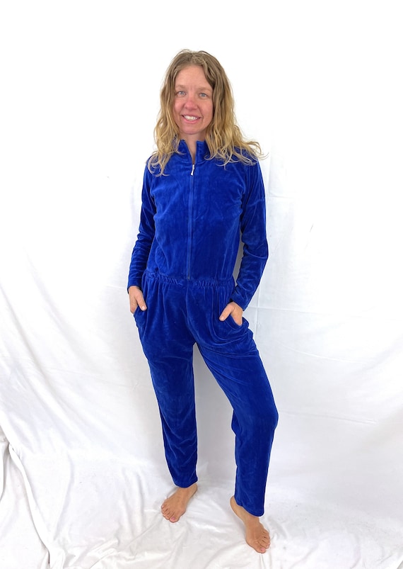 Super 1980s 80s Vintage Blue Velour Pantsuit Rompe