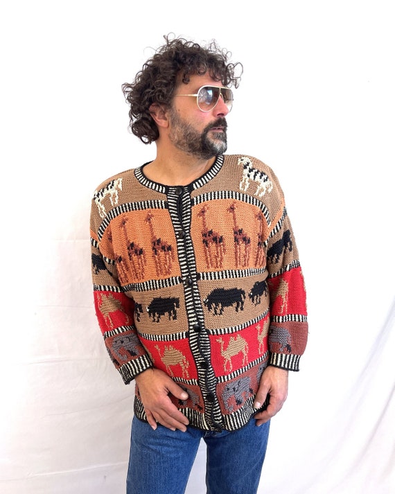 Vintage 80s 90s Knit Animal Fun Cardigan Sweater b