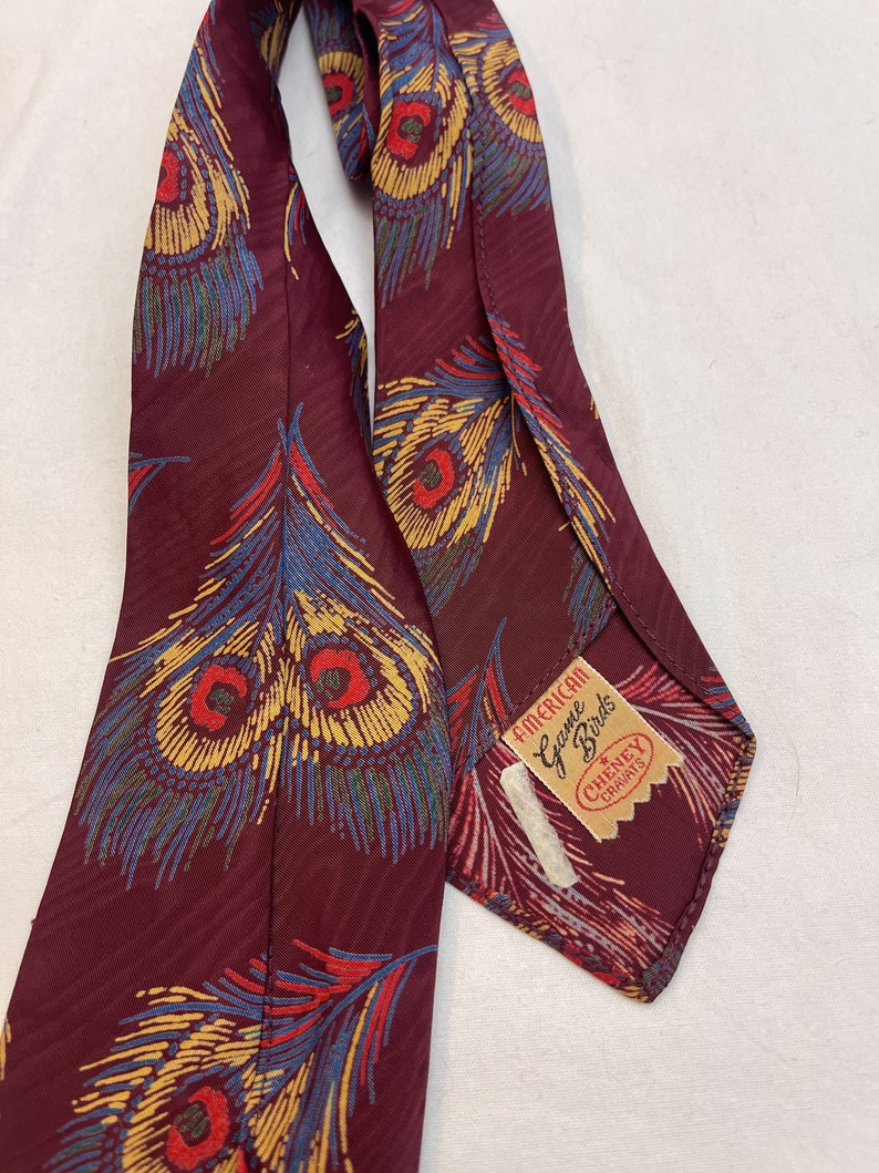 Vintage 40s 50s 1940s Rayon Necktie Tie American Game Birds Cheney Cravats Peacock image 5