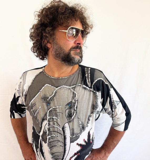 Vintage 80s 1980s Fun Sequin Elephant Top Shirt -… - image 2