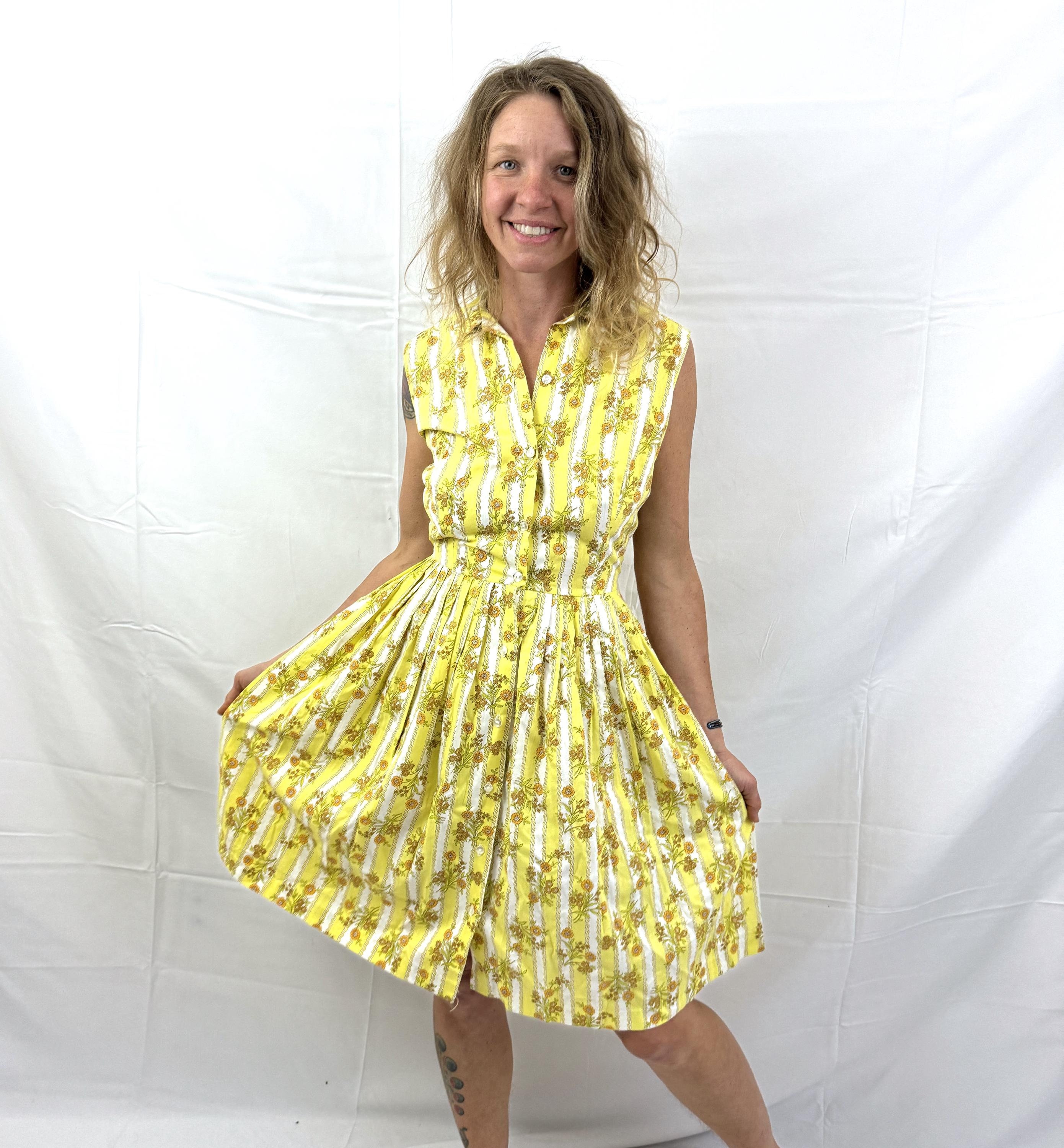 Vintage 1960s 60s Day Yellow Floral Striped Cotton Avril Rayon  Dress