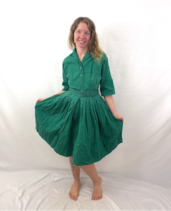 Vintage Women's Green Cotton 1950s 50s Dress - Roo