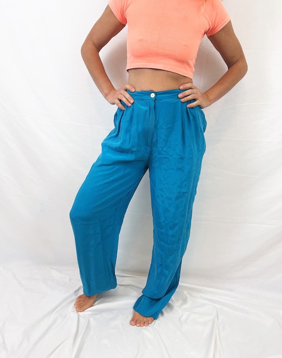 Vintage 1990s 90s SILK Teal Blue Pants