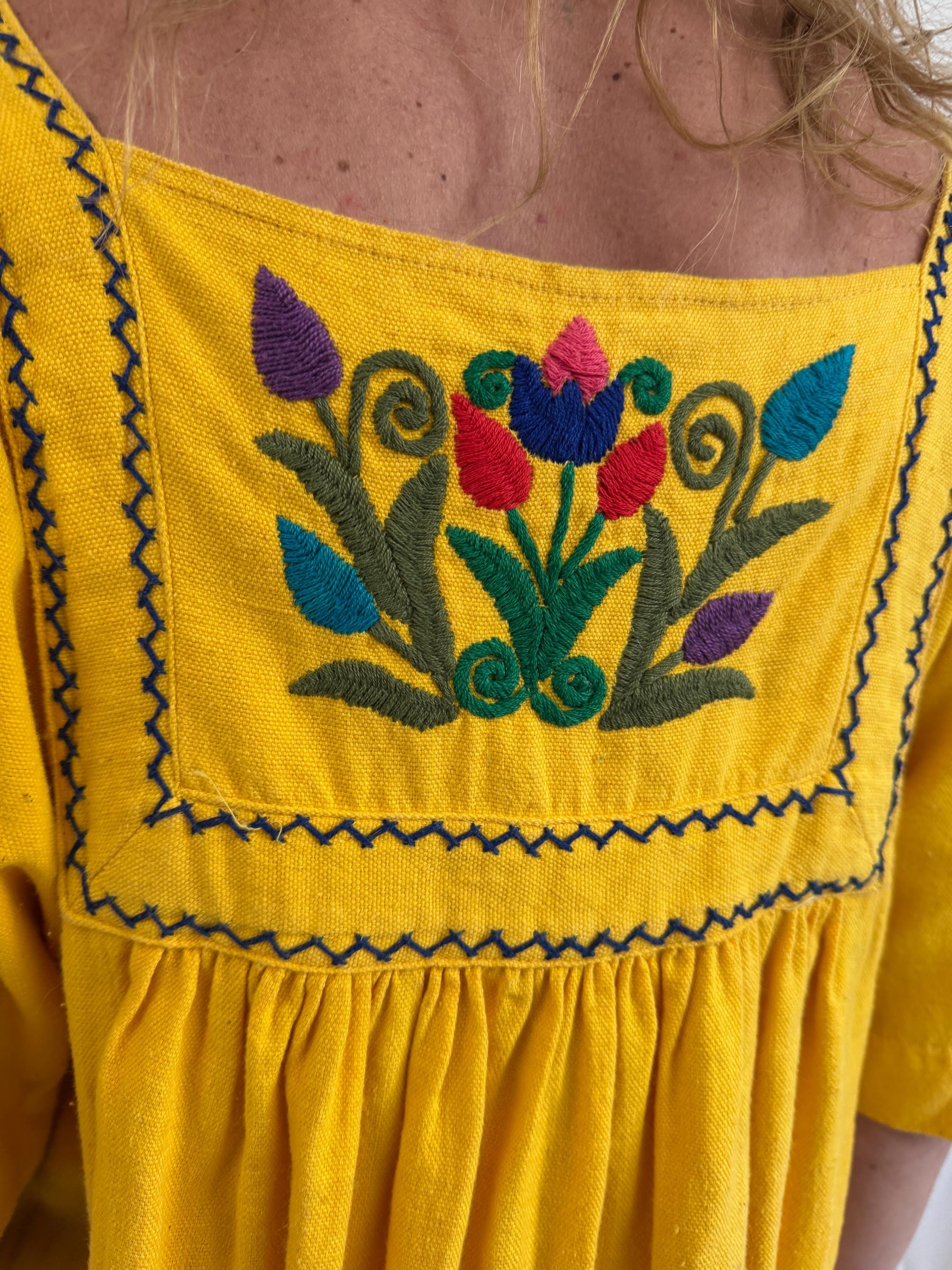 Vintage 70s 1970s Embroidered Yellow Mexican Dress - Etsy