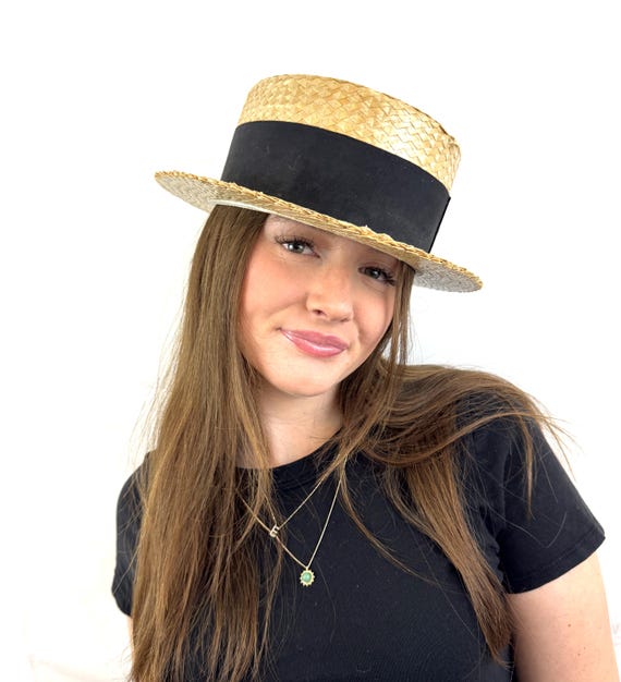 Vintage 1930s 40s Straw Boater Antique Hat - WHITEHALL