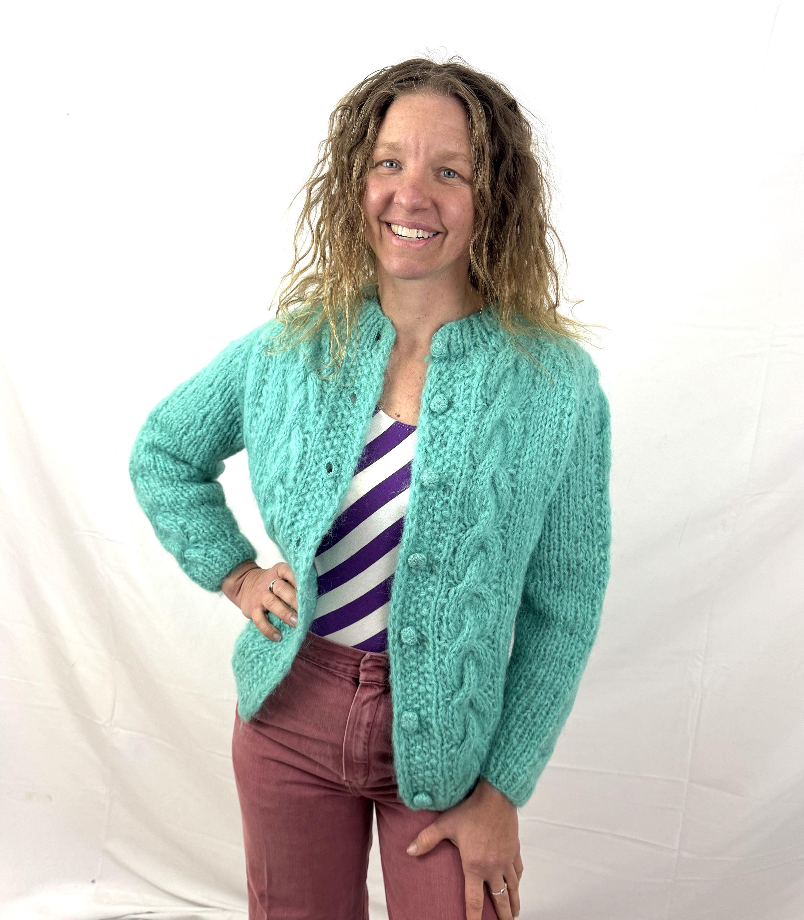 Vintage 1960s 60s Teal Knit Mohair Wool Cardigan Sweater - Made in
