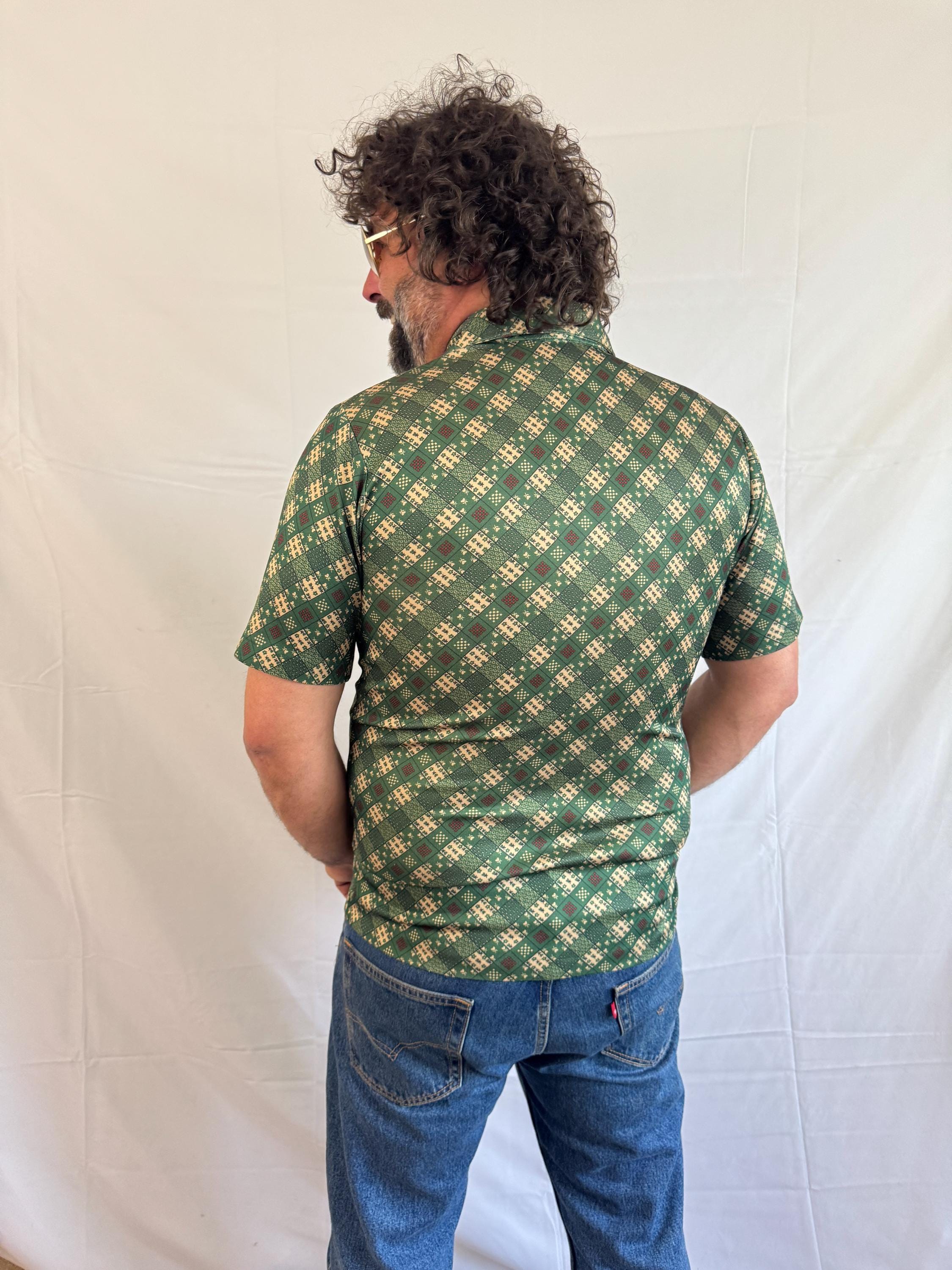 Vintage 1970s 70s Polyester Disco Collared Pullover Short Sleeve 