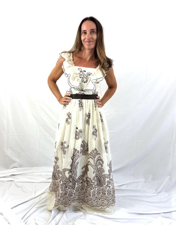 Vintage 1970s 70s Brown White Ruffle Maxi Peasant Dress