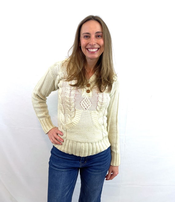 Vintage 1970s 70s White Cable Knit Pullover Sweate