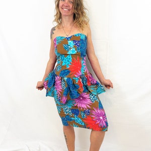 Super 80s 1980s Vintage Floral Fun Strapless Ruffled Ruched Party Dress Robbie Bee Size 14 image 3