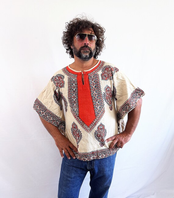 Vintage 70s 1970s Ethnic Boho Batik Dashiki Cafta… - image 1