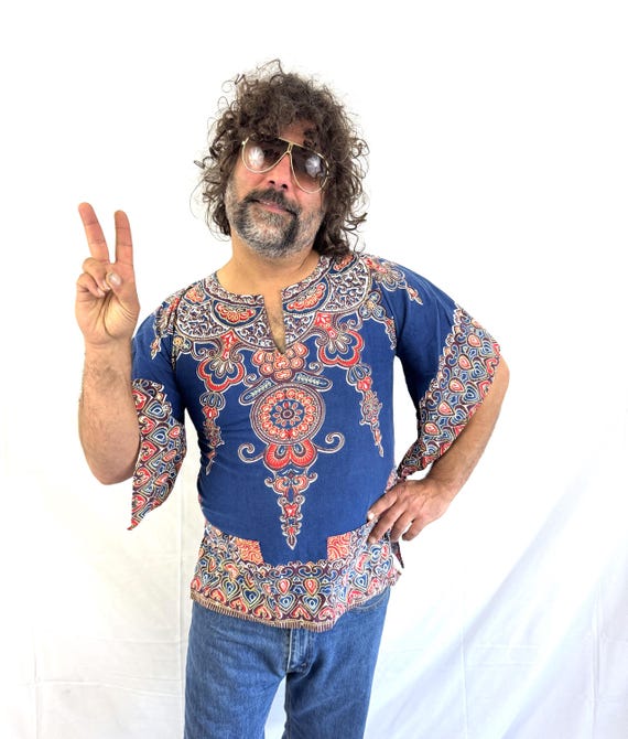 vintage Tee × African Batik Remake tunic Vintage 70s 1970s Boho Batik Dashiki Caftan Tunic Top Woodstock