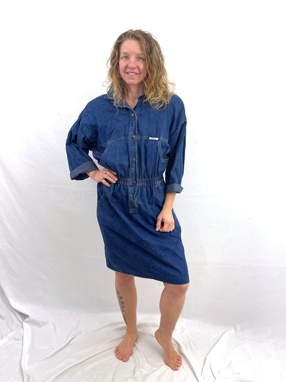 Vintage 80s 1980s Denim Dress - By Ideas