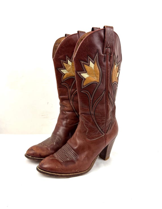 Vintage Dan Post Brown Leather Patchwork Flower W… - image 1