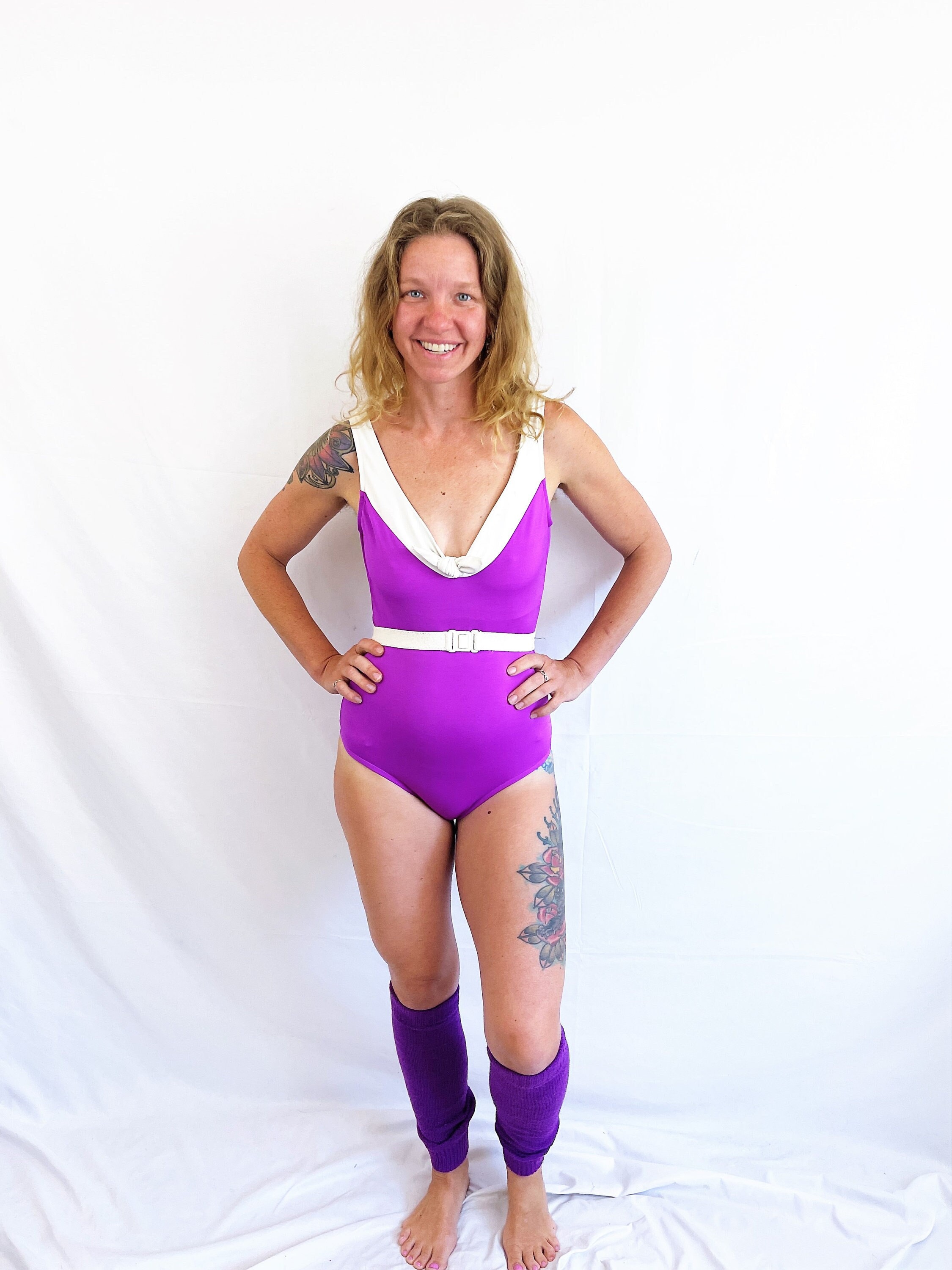 Vintage 80s Purple White Work Out Aerobics Jane Fonda Leotard