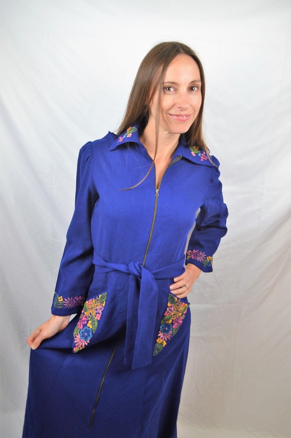 Vintage Wool Bright Blue Embroidered 1930s RARE Dr