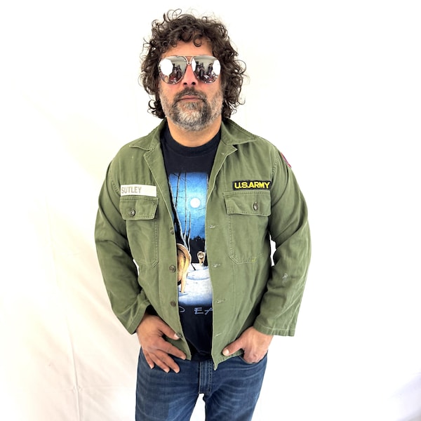 Vintage USA 1970s 70s Army Military Olive Green Button Up Shirt