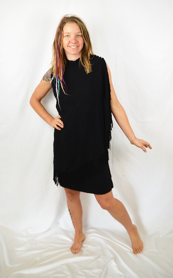 Vintage 1950s 50s Black Fringe Flapper Party Dress