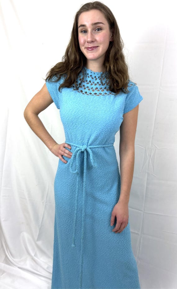 70s knit dress Vintage 1970s 70s Blue Knit Knitted Dress