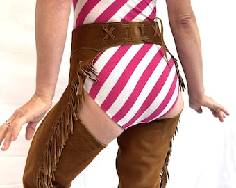Vintage Western 1970s 70s Brown Leather Suede Rodeo Chaps with Fringe