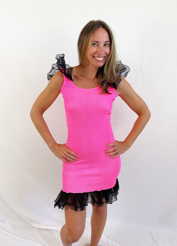 FUN Vintage 80s WOW Neon Pink Spandex Mini Dress