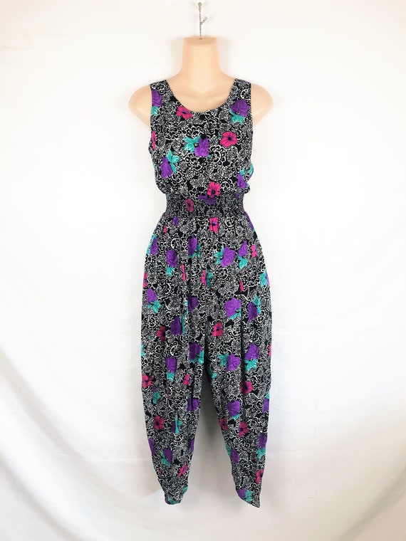 Vintage 80s 1980s Floral Summer Jumpsuit Romper On
