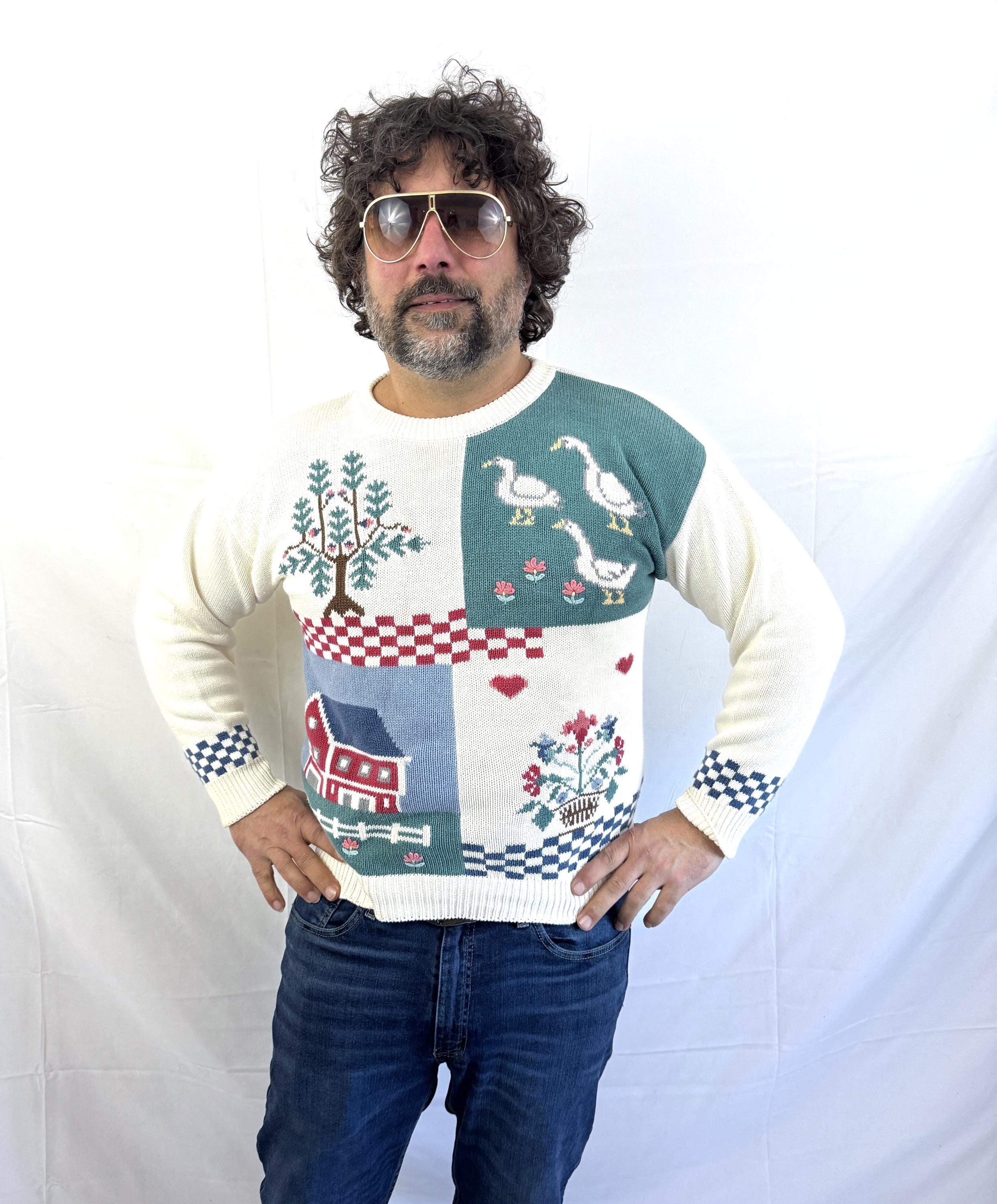 Vintage 1990 90s Eddie Bauer Cotton Country Goose Barn Sweater - Etsy