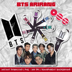 Op de afbeelding: Een verzameling BTS-stickers met de leden van de groep, lichtsticks en het logo. De stickers hebben een transparante achtergrond en zijn in verschillende kleuren, waaronder zwart, wit, roze, geel, blauw en groen. De tekst "BTS ARIRANG" staat bovenaan.