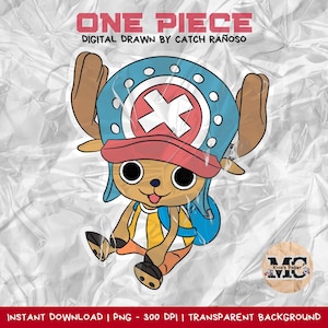 May include: A digital illustration of the One Piece character Chopper. Chopper is depicted with a blue hat with a white cross, a red brim, and brown antlers. He is wearing a yellow and blue striped shirt and a blue backpack. The text "ONE PIECE" is at the top.