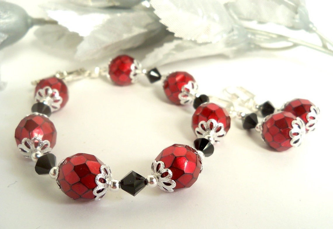 Red and Black, Bracelet and Earrings, Bridesmaid, Wedding Accessories