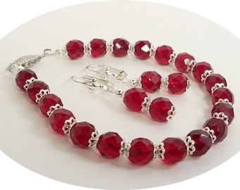 Garnet Red Bracelet and Earrings Set- Jewelry Set- January Birthstone-Bridesmaid Jewelry-Red Jewelry Set-Crimson Jewelry
