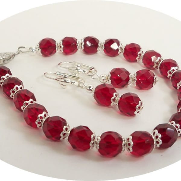 Garnet Red Bracelet and Earrings Set- Jewelry Set- January Birthstone-Bridesmaid Jewelry-Red Jewelry Set-Crimson Jewelry