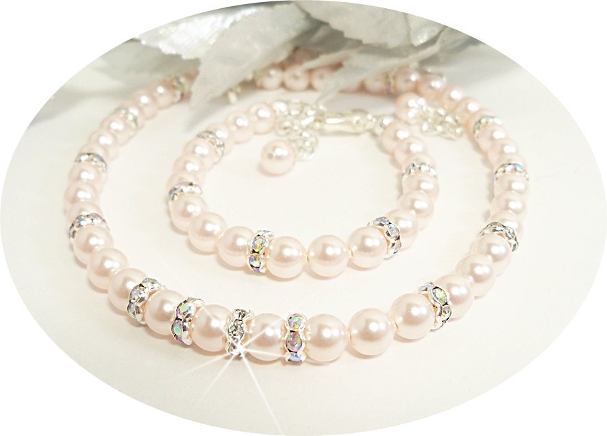 Girls Necklace and Bracelet Set, Pink Pearl, Rhinestones, Flower Girl ...