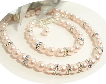 Girls Necklace and Bracelet Set, Pink Pearl, Rhinestones, Flower Girl Jewelry, Toddler Jewelry, Kids Jewelry. Pink Jewelry, Dressy, Pageant