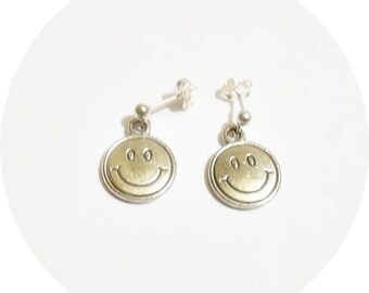Pewter Smile Face Dangle Earrings, Sterling Posts, Petite Jewelry, Girls Jewelry