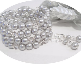 Gray Wedding, Memory Wire, Bracelet, Earrings, Gray Pearl, Wedding, Bridesmaid Jewelry, Dressy, Bridal Accessories, Gray Jewelry