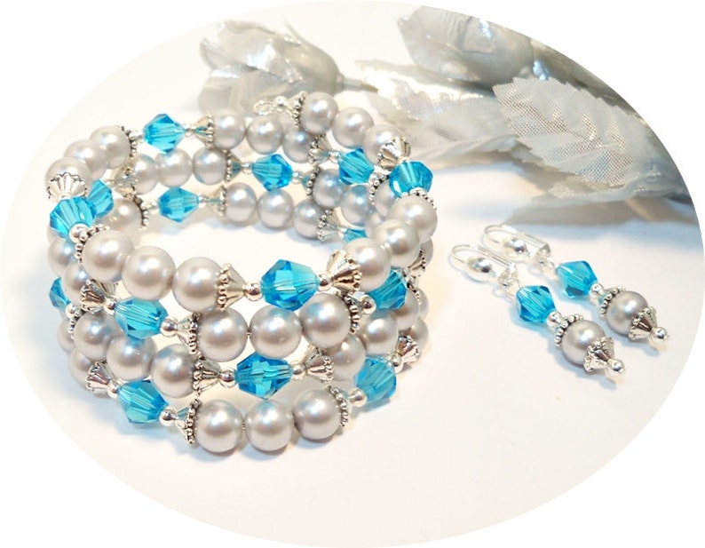 Bridesmaid Jewelry Gift for Her Gray and Turquoise Aqua and Gray Jewelry Malibu Cuff Bracelet and Earrings Memory Wire Cuff Bracelet