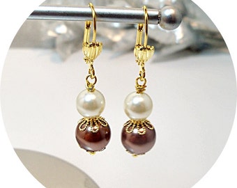 Brown, Mocha, Earrings, Bridesmaid,  Cocoa, Latte, Pearl Earrings, Bridesmaid Gift, Bridal Accessories, Prom, Gold Earrings, Dangle Earrings