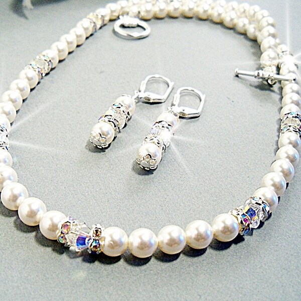 Bridal Jewelry Set, Necklace  Earrings, Pearls, Rhinestones, Wedding Jewelry, Bridal Accessories, Petite Bride, Pearl Jewelry, Bridesmaid
