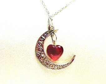 Silver Crescent Moon Red Glass Heart Charm Necklace, 20.5" Chain