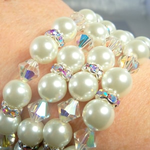 Bridal Bracelet, White Pearls,  Rhinestones Crystals,  Memory Wire, Cuff, Bridal Accessories, Pearl Bracelet, Wide Bracelet, White Bridal
