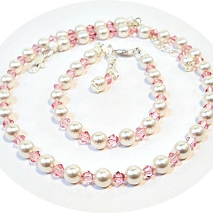 Girls Pink and White Pearl and Crystal Necklace and Bracelet, Pink Flower Girl, Dressy, Pageant,  Toddler, Kids Jewelry, Necklace, Bracelet