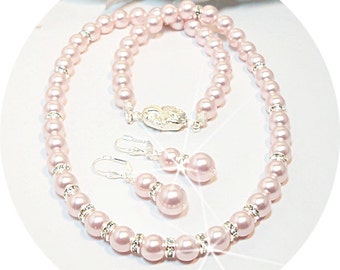 Collana e orecchini rosa, matrimonio rosa, gioielli rosa, strass, perle rosa, accessori da sposa, sposa, damigella d'onore, madre della sposa