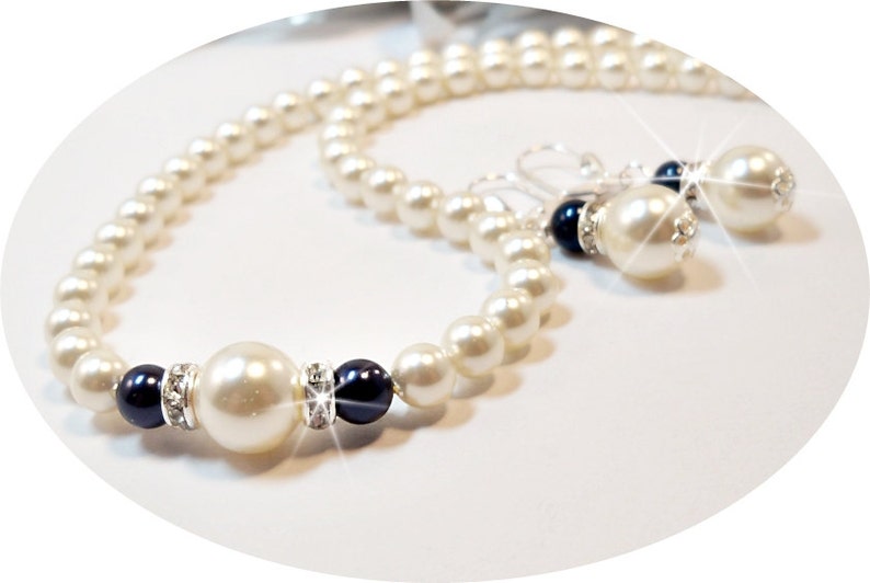 Navy Blue Necklace and Earrings Ivory Bridesmaid Jewelry Blue Pearl Jewelry Set Dark Blue Wedding Jewelry Mother of the Groom