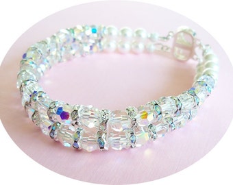 Vintage 1960s AB Crystal Beaded Bracelet, Double Strand, Iridescent Austrian, 7\