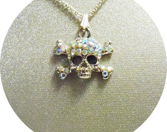 Sugar Skull Necklace, Rhinestone Skull. Skull Pendant Necklace, Sparkly Sugar Skull,  Biker Chick Jewelry, Unique Skull Pendant