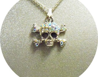 Crystal Necklace, Rhinestone Skull. Skull Pendant Necklace, Sparkly Sugar Skull,  Biker Chick Jewelry, Unique Skull Pendant