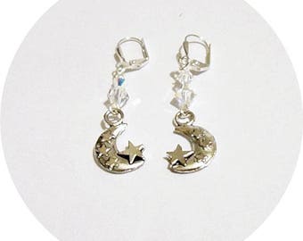 Moon Star Earrings, Star Earrings, Moon Earrings, Crescent Moon Earrings, Moon Drop Earrings, Silver Dangle Earrings, Holiday Gift Earrings