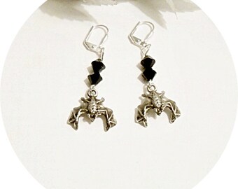 Bat Earrings, Halloween Earrings, Silver and Black Bats, Spooky Earrings, 3D Bat Earrings, Halloween Party Jewelry, Bat Dangles, Spooky Bat