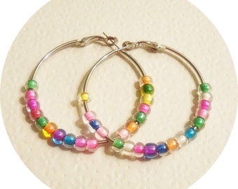 Rainbow Hoop Earrings, Pastel Beaded Hoops, 2 Inch Hoops, Spring Jewelry, Summer Hoops, Beach Earrings, Gift for Her, Large Hoop Earrings